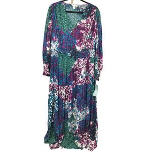 London Times Boho Floral Resort V-neck Peasant Balloon Sleeve Maxi Dress 18W
